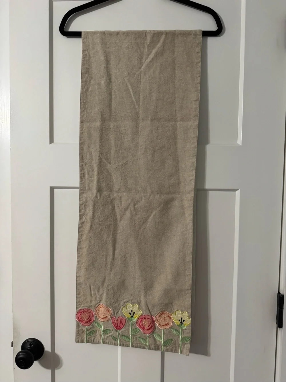 Floral Embroidered Linen Table Runner Beige Tan Applique Boho Cottagecore